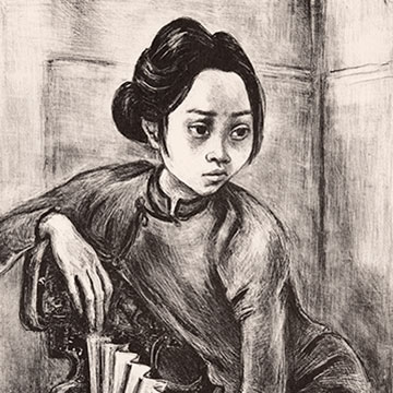a black and white depiction of a sitting woman who is looking off and to the right